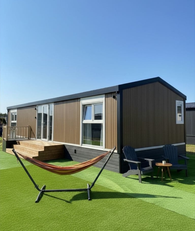 Modern tiny home con exterior beige y metal oscuro, grandes ventanas y terraza de madera con hamaca roja en cesped verde