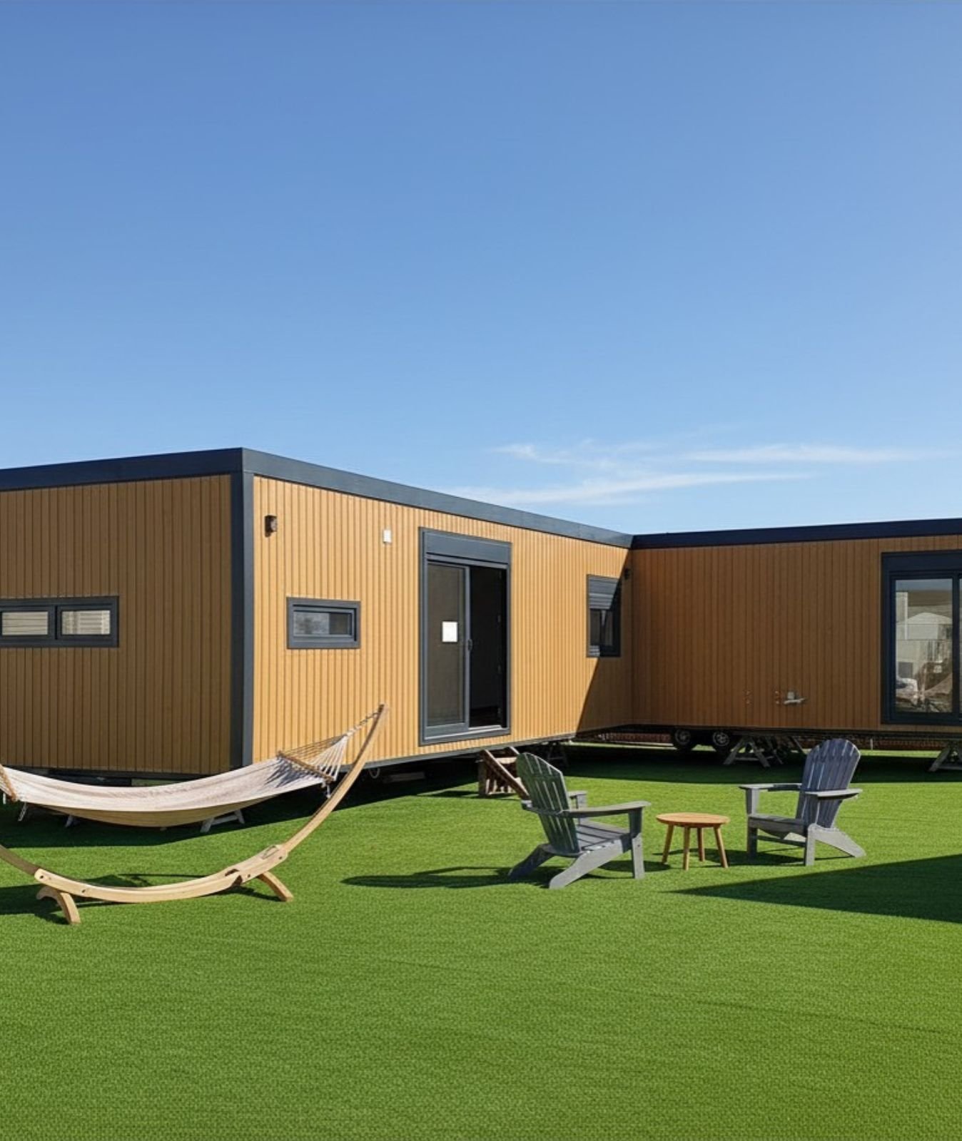 Modern tiny home con exterior metálico corrugado, zona exterior con hamaca