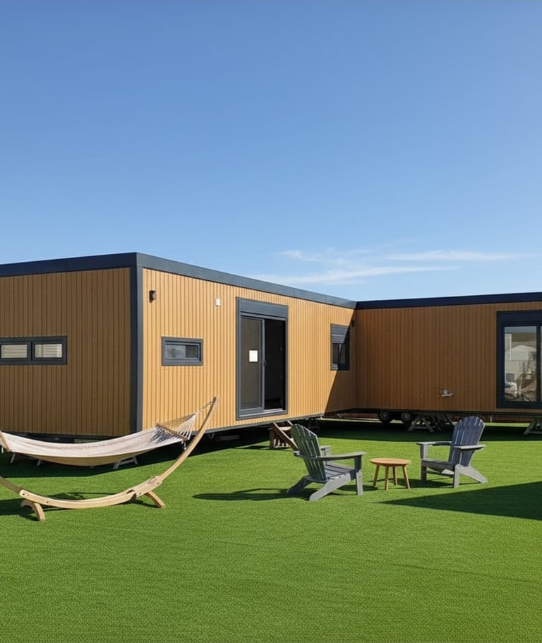 Modern tiny home con exterior metálico corrugado en cesped verde, con zona exterior y hamaca